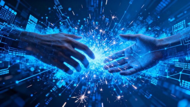 Abstract digital unity concept with hands connecting through glowing cyber particles, futuristic AI technology and virtual network collaboration visualization