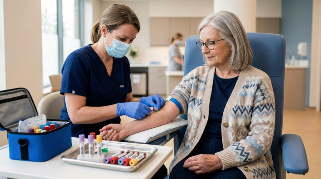 Older adult receiving biomarker blood draw in a bright clinic with nurse gloves, sample vials, and portable cooling case.