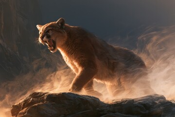 Fototapeta premium Digital painting of a cougar growl on a windswept canyon ledge at dusk with amber eyes and dramatic fur detail