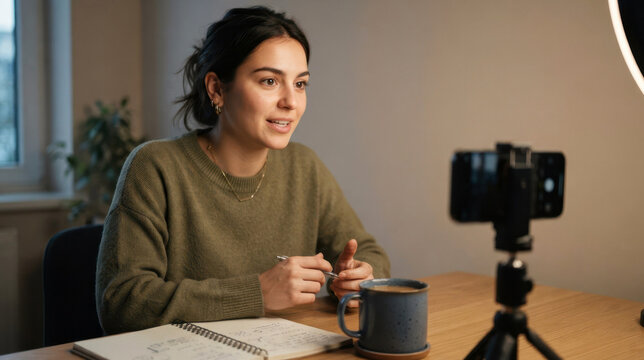 Young job seeker practices a virtual interview at home with ring light, smartphone stand, notebook, and coffee mug.
