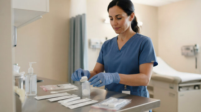 Sexual health clinic counter with nurse preparing discreet sample containers, gloves, sanitizer, and sealed test kits