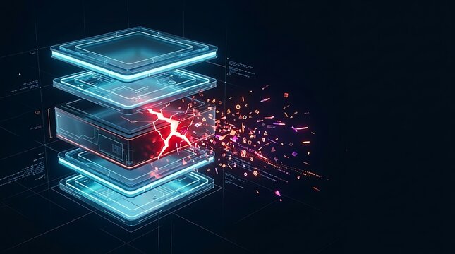 Shattered Tech Core and Exploding Cyber Security Data Breach Concept