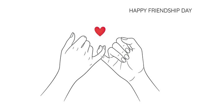 Close up minimalist line art of two hands pinky promising with a red heart above and 'happy friendship day' text symbolizing trust with hands interlocking pinkies symbol text celebrating drawing two