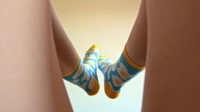 First person point of view of woman raising legs in funny socks with fried eggs pattern. Creative POV shot of female feet, cozy lifestyle