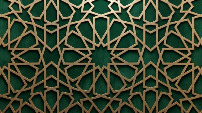 Intricate golden geometric islamic pattern features elegant star shapes crafted with metallic lines against a deep dark velvet green texture