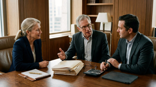 Finance professionals discussing a private market allocation in a quiet office with folders, calculator, pen, glasses, and tablet