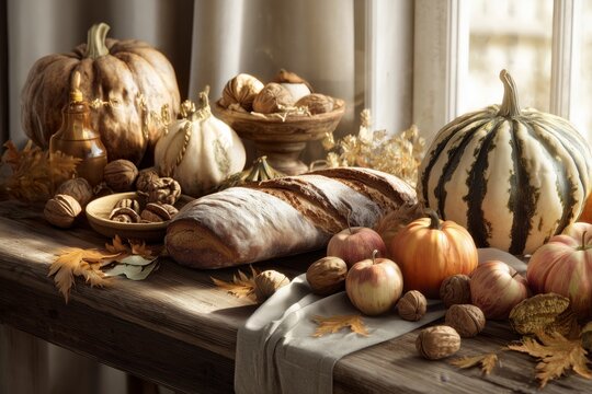 Autumn Harvest Still Life with Pumpkins, Bread, Apples, Nuts