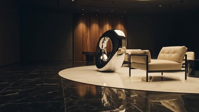 Modern Art Sculpture in Lobby: A striking, contemporary sculpture with a polished chrome and white finish is the centerpiece of a sophisticated lobby.