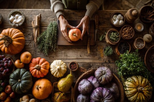 Autumn Harvest Table with Hands, Pumpkins, Herbs & Spices