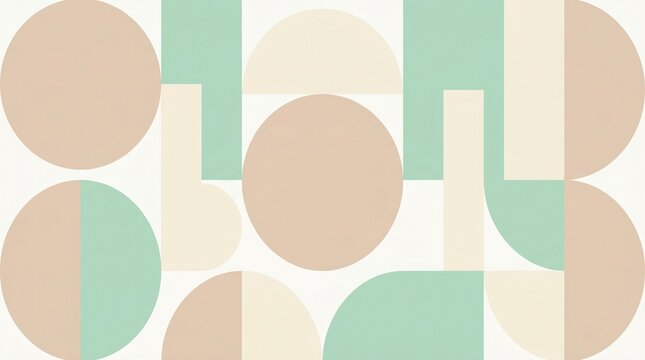 Abstract geometric pattern featuring repeating circles and semicircles in soft pastel mint green and warm beige tones on white