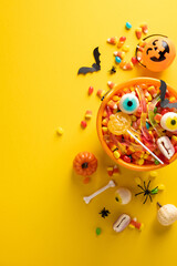 Fototapeta premium Happy Halloween vertical bowl of candy with pumpkin bucket, gummy worms, eyeball sweets and spooky decorations