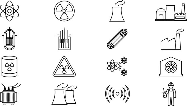 Various Symbols and Icons Related to Nuclear Energy and Radiation