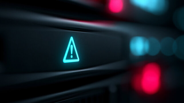 A bright warning icon glowing on a server rack component in a dark data center. Symbolizing system failure.