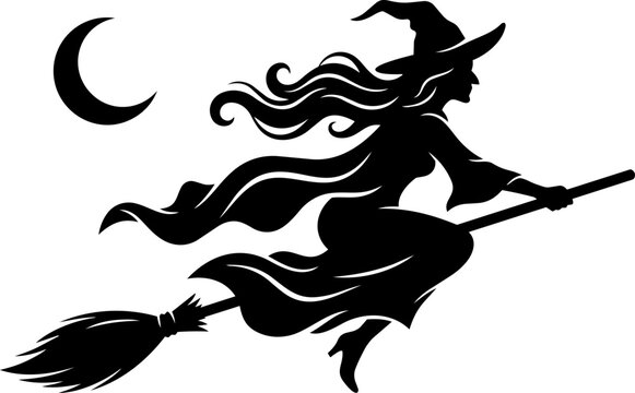 Flying Witch Silhouette Against a Crescent Moon in a Night Sky