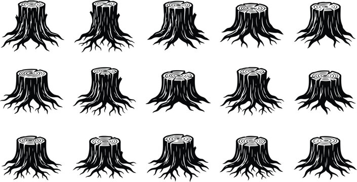 Set of black and white tree stump illustrations