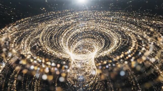 Golden vortex of light particles forming a galaxy in space with starry background