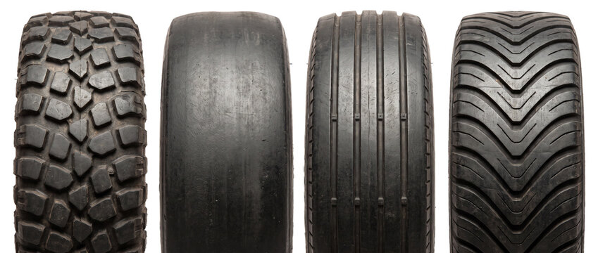Different car tire tread types isolated on black background showing offroad mud, bald racing slick, classic highway rib, and directional performance patterns for auto vehicle maintenance and choices.