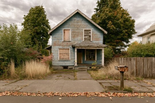 Deteriorating two-story residence on foreclosed property with overgrown yard