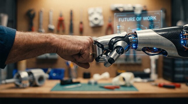 Close up of robot and human fist bump, futuristic AI collaboration concept featuring teamwork, automation, cybernetic technology and digital innovation