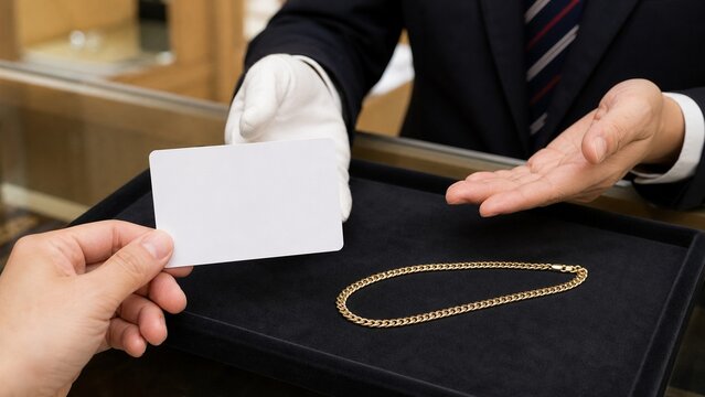 金色チェーンを前に身分証カードを提示する客の手元