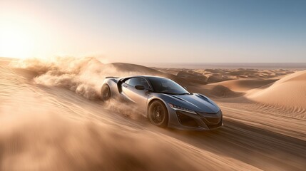 Obraz premium Dust-filled desert chase: fast car in motion along a dusty track