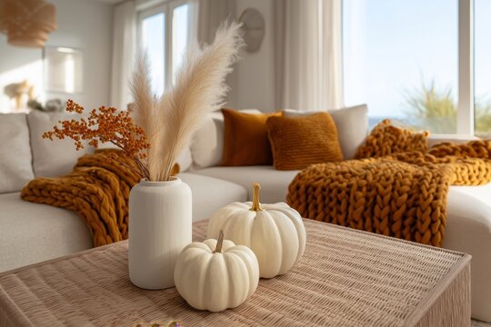Cozy Autumn Living Room with White Pumpkins and Warm Decor