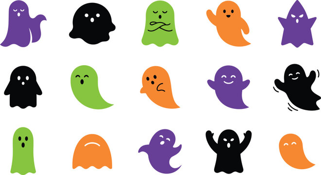 Set of cute colorful ghost icons for halloween