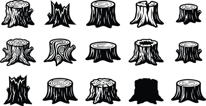 Set of various tree stump icons in black and white