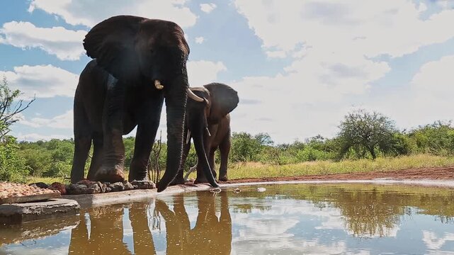 Two African bush elephants wide angle view drinking in waterhole in Greater Kruger National park, South Africa ; Specie Loxodonta africana family of Elephantidae