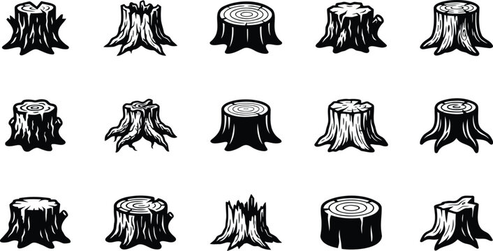 Set of black and white tree stump vector icons