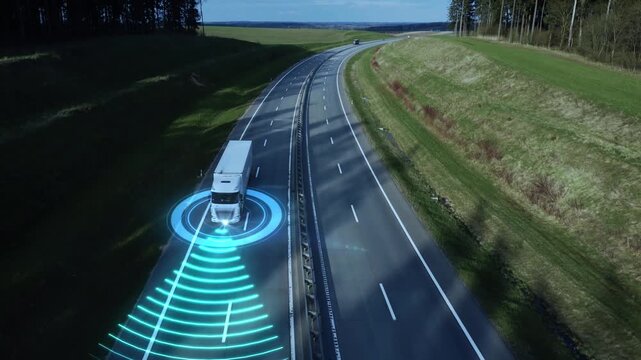 Autonomous self-driving truck controlled by artificial intelligence. Cargo transportation, cargo delivery, transportation and logistics of the future. Autopilot controls the vehicles.
