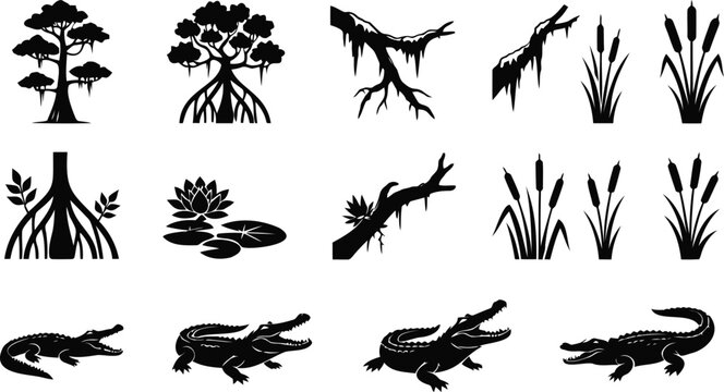 Black swamp icons set with crocodiles trees and plants
