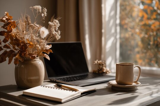 Cozy Autumn Workspace by Window with Laptop, Coffee, and Dried Flowers