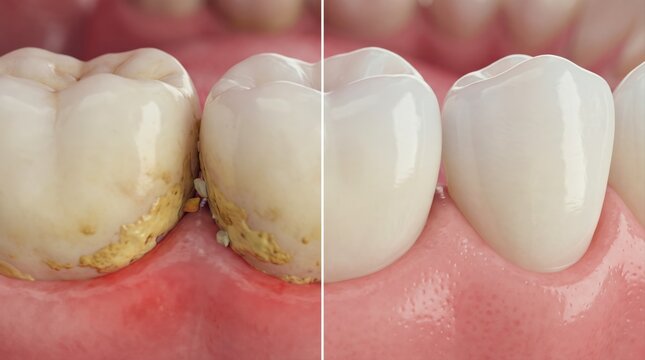 A split-screen comparison showing teeth with tartar buildup before and after professional cleaning.