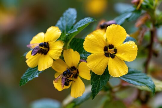 Close-up image of pollinating bees on Turnera diffusa blossoms with warm golden light