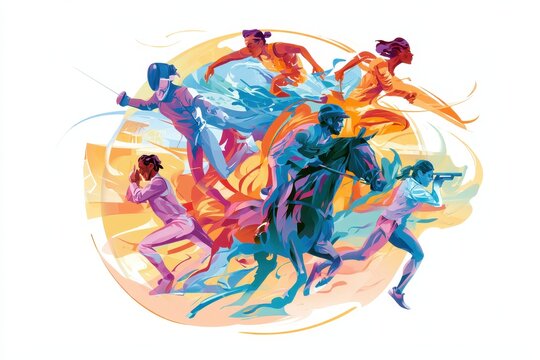 Energetic pentathlon poster: a stylized depiction of five events with motion and color