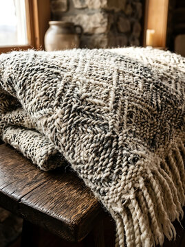 Thick woven texture of traditional raw sheep wool blanket