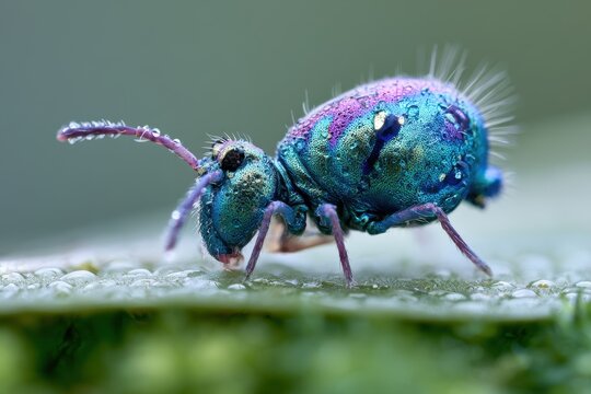 Close-up image of a tiny iridescent springtail displaying metallic blue-green hues
