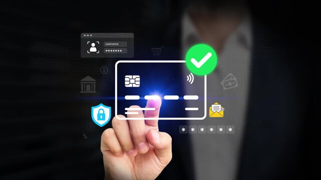 Secure Online Payment Concept. Businessman Using Digital Credit Card for Online Transactions. Fintech, Financial Security, Digital Banking, Payment Protection, E-Commerce Solutions. 4K Video