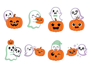 Fototapeta premium Cute Halloween Ghost and Pumpkin Vector Illustration Set