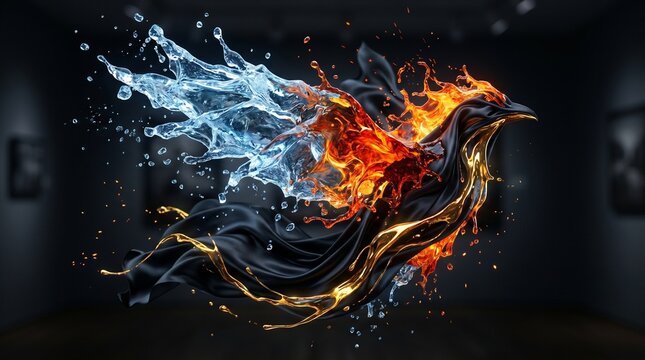 A magnificent phoenix bird formed by swirling liquid water and glowing orange flames with elegant flowing dark silk fabric textures