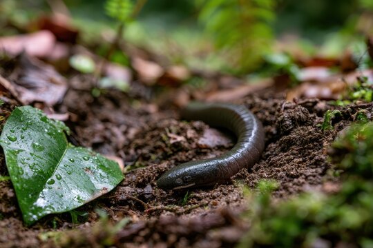 Close up of a wormlike amphibian emerging from damp leaf litter in evergreen forest soil