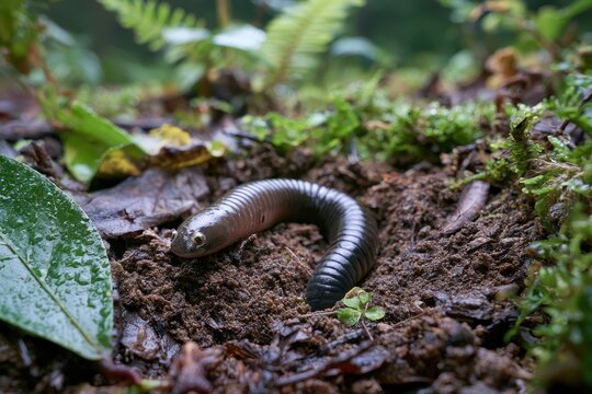 Detailed image of a subterranean amphibian navigating moist forest soil in a biodiverse habitat