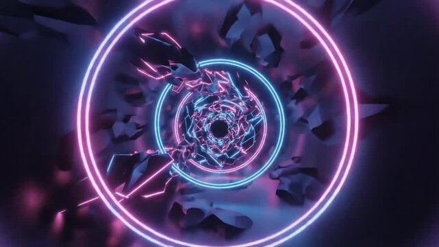 Cosmic Vortex of Neon Dreams: A mesmerizing abstract digital art piece featuring concentric neon rings in vibrant pink and blue, swirling around a chaotic vortex of shattered geometric shapes.