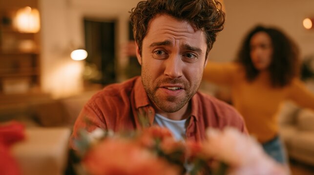 Friendzone moment: man with gift and bouquet shocked as partner stretches away