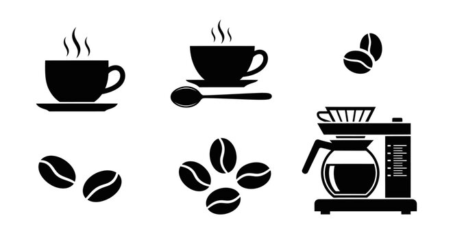 A collection of black coffee icons on a plain white background