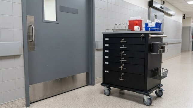 Anesthesia medication cart with locked drawers parked beside an operating room door in a hospital setting.