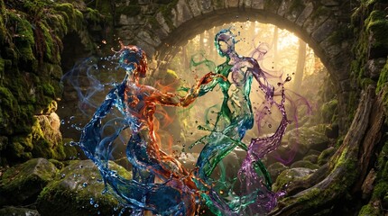 Fototapeta premium Two ethereal human figures formed from swirling liquid water dance together in a vibrant display of colorful fluid motion dynamics