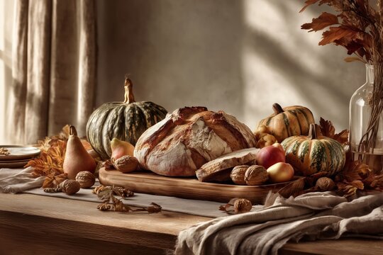 Rustic Autumn Harvest Table with Artisan Bread and Pumpkins