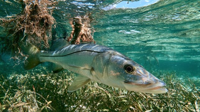 Coastal water scene featuring a common snook under rippling light